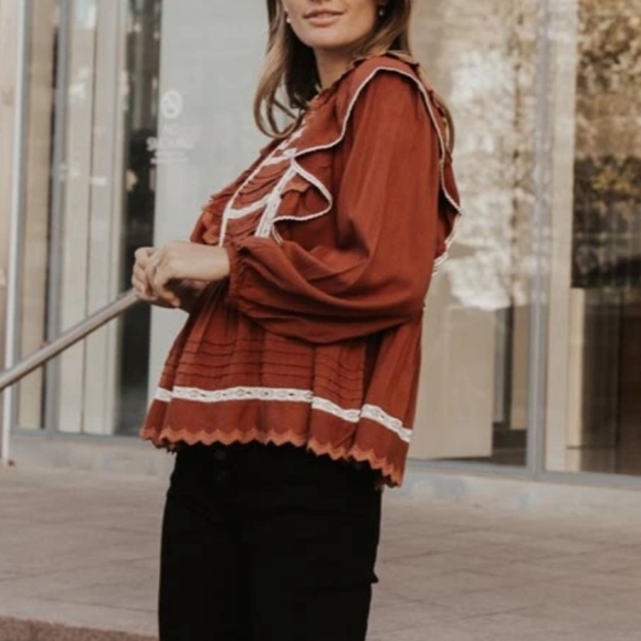 Boho Rust Ruffle and Lace Blouse - Picture 5 of 7